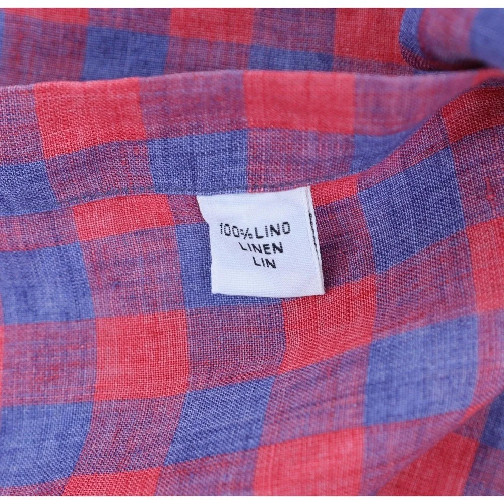 Culturata Shirt Mens XL Red Blue Check Linen Button Up Long Sleeve Made in Italy